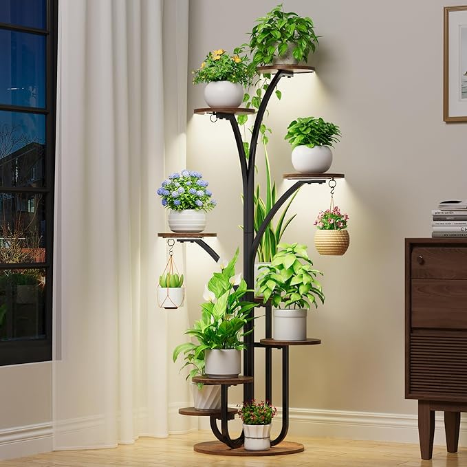 Plant Stand Indoor with Grow Lights, 8 Tier Tall Display Shelf for Cute Indoor Plants, 60" Tree-Shape Display Rack, Corner Plant Flower Pot Holder for Living Room, Patio, Balcony, Home Decor