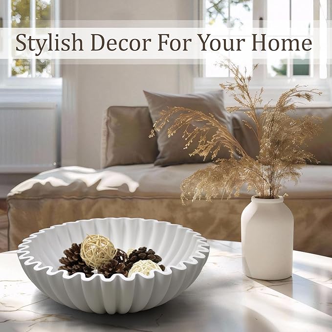 Ruffle Decorative Bowl, Large Fruit Bowl for Kitchen Counter, Stylish Key Bowl for Entry Table, Handcrafted Home Decor Display bowl, White