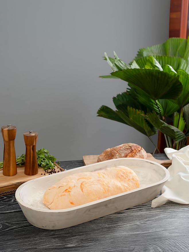 Wooden Dough Bowl - Large Rustic White Acacia Wood - Handmade Decorative Bowls for Home Decor, Bathroom, Kitchen Counter, & More - Rustic Large Wood Dough Bowl for Decor, Cosmetics, and Keys