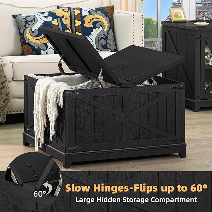 Farmhouse Coffee Table with Hidden Storage Organizer, Black Square Large Center Table, Wood Farm House Low Modern Living Room Tables with Hinged Lift Top for Home, Office