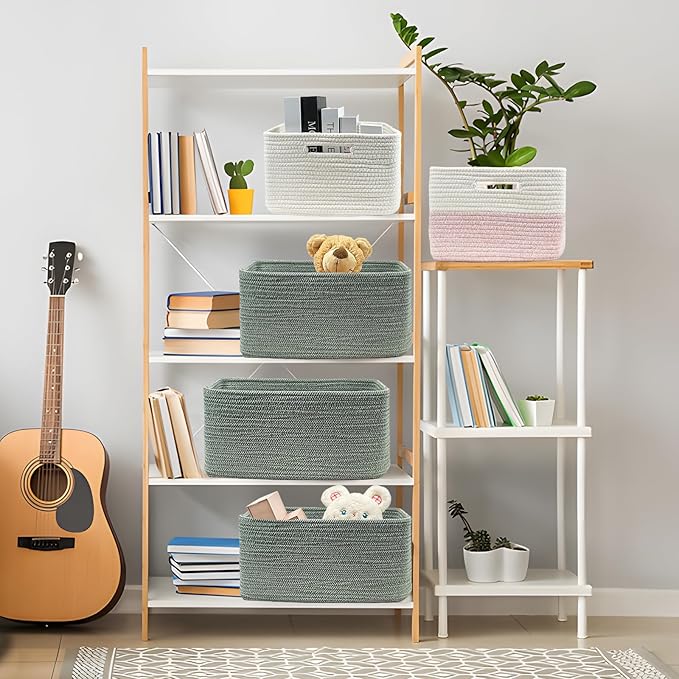 COMFY-HOMI 3 pcs Large Storage Baskets for Shelves, Laundry Basket, Woven Rope Basket, Closet Organizer Bins for Clothes Blanket Towels, Baby Nursery, Gift Toy Baskets, 17” x 13” x 7.5”-green