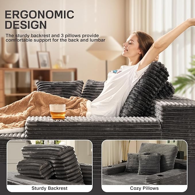 Chaise Lounge Chair Indoor, 67" Oversized Comfy Plush Fur Sleeper Sofa Bed with Cup Holders and Wide Armrests, Boneless Upholstered Recliner Bed, Modern Cloud Couch for Living Room, Grey