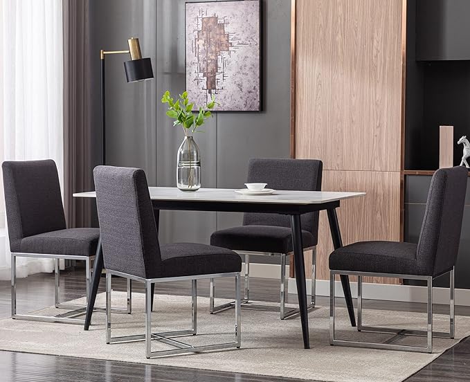 VESCASA Linen Upholstered Dining Chairs Set of 6, Mid Century Modern Padded Chair with Chrome Metal Frame for Restaurant, Dining Room, Kitchen, Charcoal