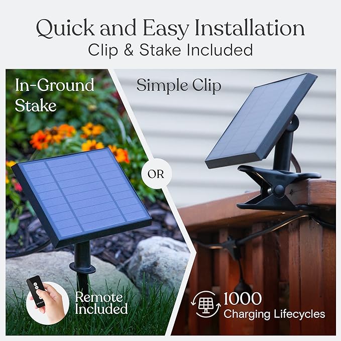 Brightech Ambience Pro Solar Powered Outdoor String Lights, 48ft Remote Control Commercial Grade Waterproof Patio Lights, 15 Edison Bulbs, Shatterproof LED String Lights for Outside - 1W Soft White