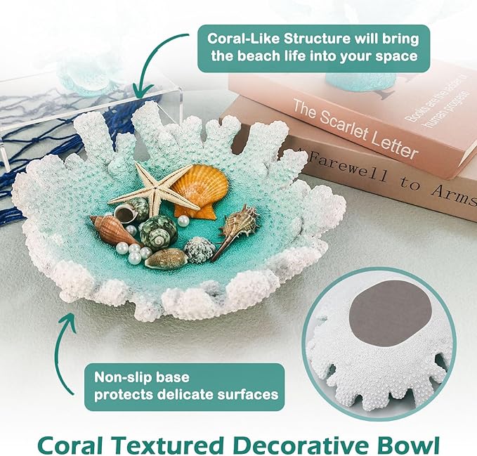 Turquoise Coral Textured Decorative Bowl,9.45" Medium Resin Decorative Centerpiece Bowl for Coastal Beach theme house table centerpiece decorations & Nautical decorations for coffee table