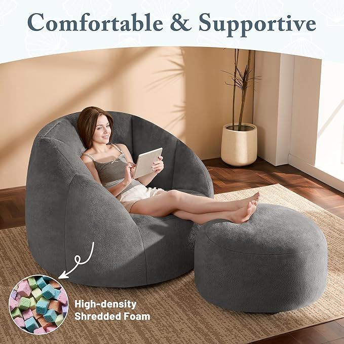 Giant Bean Bag Chaise Lounge Indoor Chair for Adults with Ottoman - Comfy Plush Round Shell Soft Accent Chair, Oversized Cozy Floor Sofa for Living Room, Dorm & Game Rooms, Gray