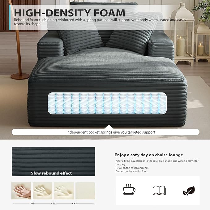 Oversized Chaise Lounge Chair Indoor, Corduroy Sofa Bed with Throw Pillows, Cozy Cloud Couch, Upholstered Sleeper Sofa Couch for Living Room, Bedroom, Apartment, Dark Gray