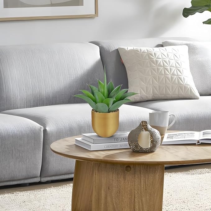 Briful Artificial Agave Plant in Gold Metal Pot, 13 Inch Tall Faux Succulent with Gray-Green Wide Leaves, Realistic Decorative Fake Plants for Home, Office, Shelf, Tabletop Decor