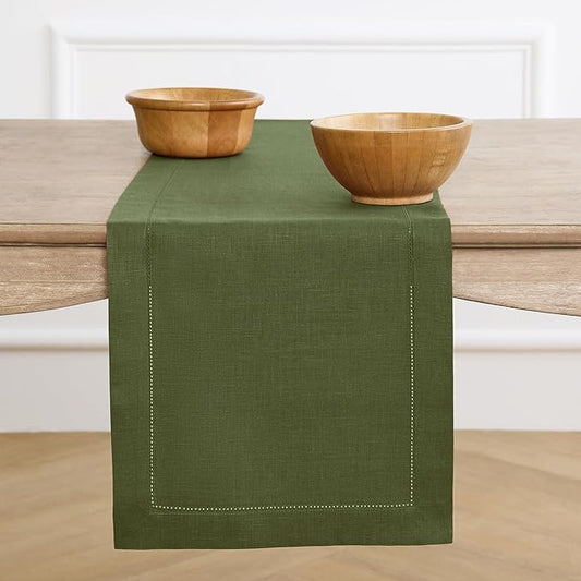 Solino Home Linen Olive Table Runner 90 Inches Long - 100% Pure Linen 14 x 90 Inch Table Runner for Fall, Autumn, Thanksgiving - Classic Hemstitch