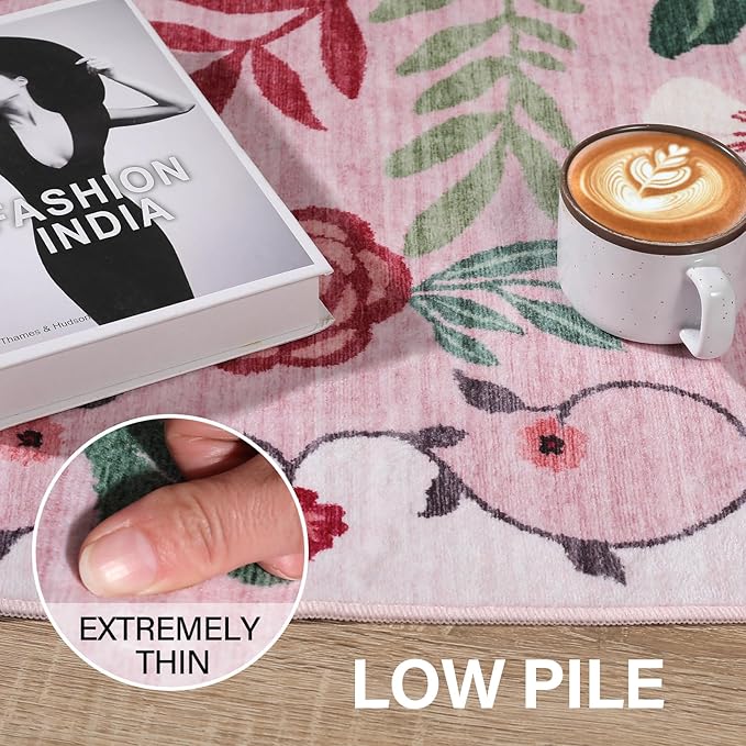 DUKINO 6x9 Area Rug, Floral Rugs for Living Room, Lightweight Non Slip Washable Rug, Indoor Low Pile & Non-Shedding Boho Design Rugs for Bedroom, Living Room, Dining Room, Pink