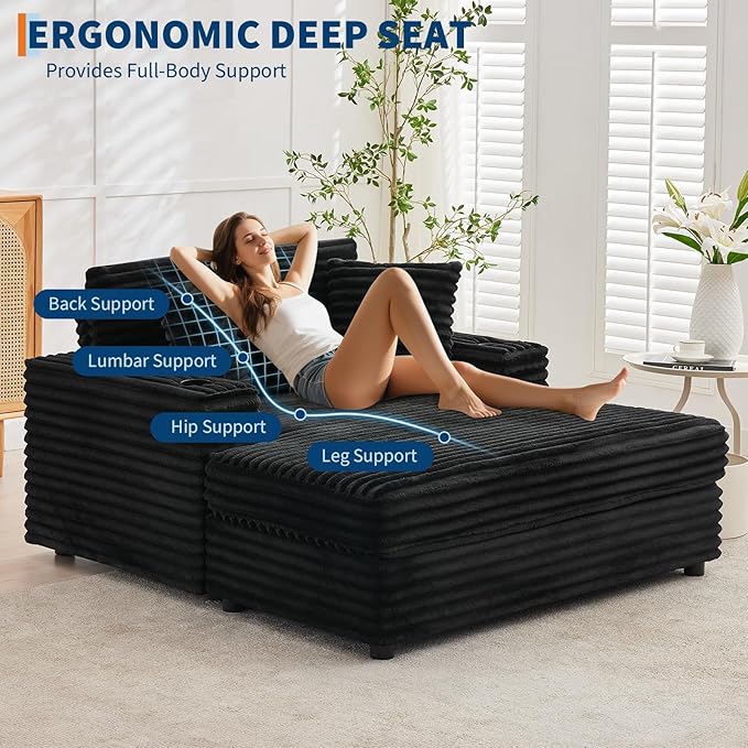 GarveeHome Oversized Chaise Lounge Chair Indoor, 56x60 Inch Comfortable Corduroy Lounge Sofa with Charging Ports & Cup Holders, Cozy Reading Couch for Bedroom Living Room Apartment, Black