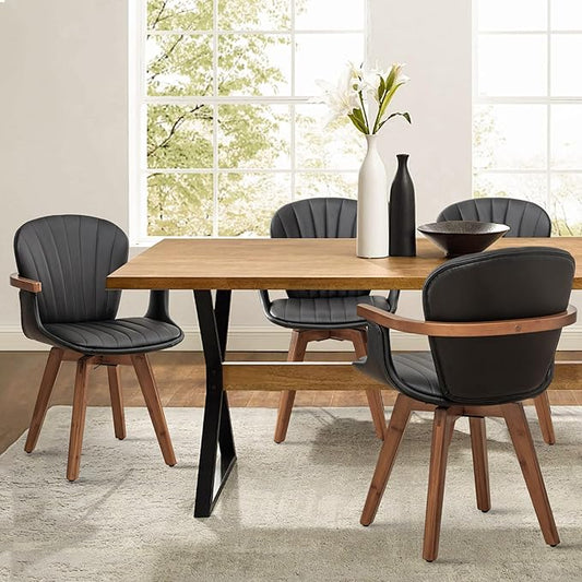 LUNLING Swivel Dining Chairs Set of 4, Mid Century Modern Black Faux Leather Kitchen Chairs with Arms,Bamboo Legs Side Chairs No Wheels,Accent Chair for Dining Rooms and Offices