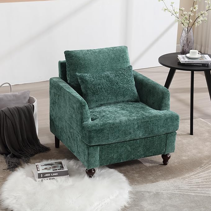 Furnilivng Mid-Century Modern Accent Chair, Comfortable Chenille Lounge Armchair, Upholstered Cozy Single Sofa Chair for Living Room, Bedroom, Reading Room, Home Office, Green
