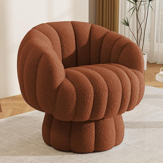 Mid Century Modern 360 Degree Barrel Swivel Accent Sofa Chair,Fluffy Sherpa Fabric Lounge Wide Upholstered Pumpkin Reading Chair, Round Cloud Armchair for Living Room,Bedroom,Vanity(Burnt Orange)
