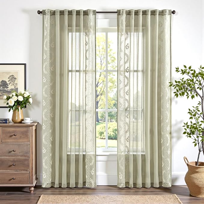 jinchan Belrose Sage Green Floral Sheer Curtains for Living Room 84 Inch Long Voile Embroidered Farmhouse Curtains for Bedroom Ivory Flower Patterned Rod Pocket Window Treatments, 2 Panels Green