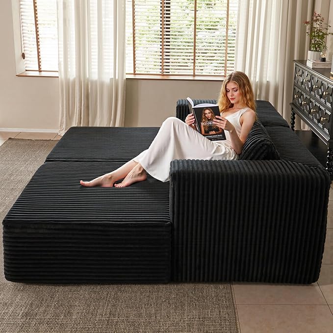 82" Oversized Chaise Lounge Chair, Corduroy Upholstered Sleeper Sofa with 4 Throw Pillows and Wide Armrest for Living Room, No Assembly Required Loveseat Couch, Black