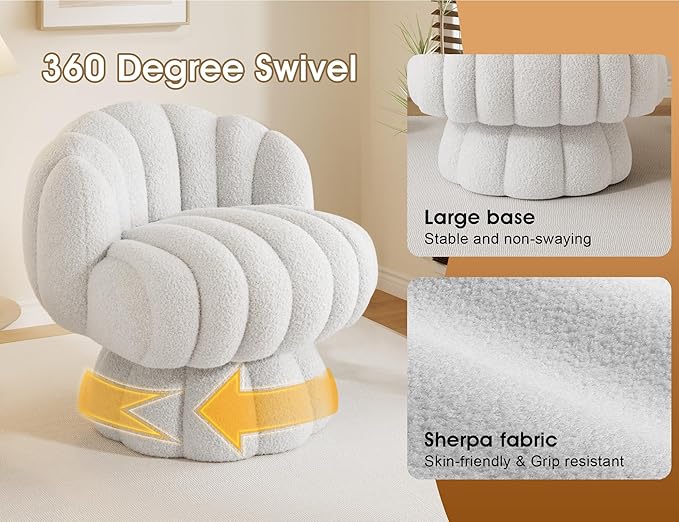 Mid Century Modern 360 Degree Barrel Swivel Accent Vanity Chair,Fluffy Sherpa Fabric Lounge Wide Upholstered Pumpkin Reading Chair, Round Cloud Armchair for Living Room,Bedroom,Vanity(Beige)