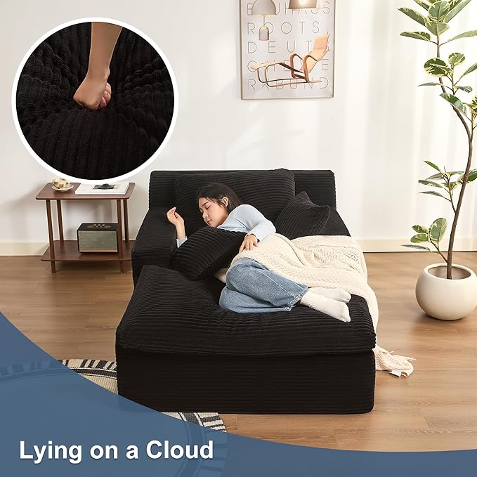 63" Oversized Chaise Lounge Chair Indoor, Extra Cloud Layer, Convertible Sleeper Sofa Couch with Removable Pillows & Side Pockets, Corduroy Upholstered Sofa Bed with Armrests for Living Room, Black