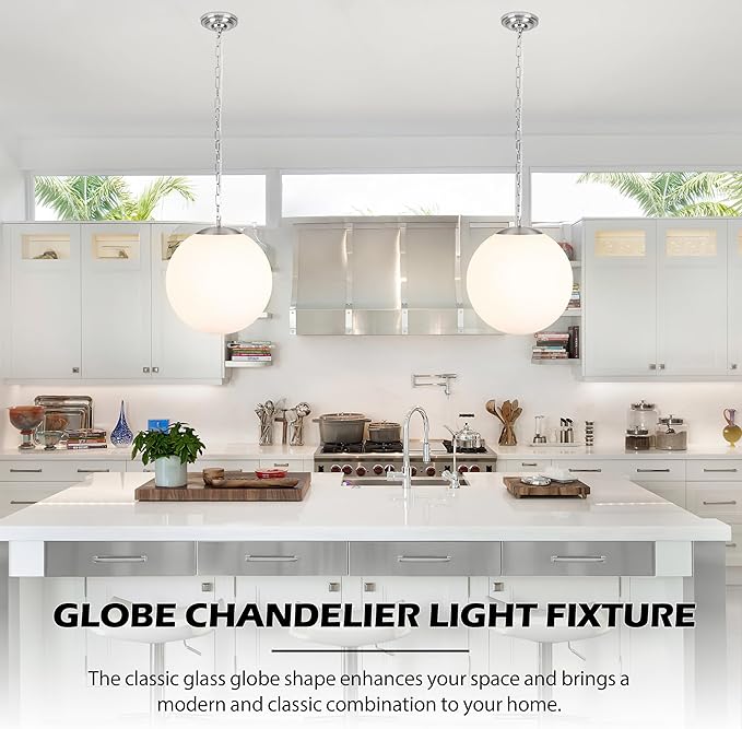 KoKo&Yukina 13.7 Inch Nickel Globe Pendant Light Adjustable Globe Pendant Lights Kitchen Island Mid Century Light Fixture with Milky White Glass Shade for Living Room