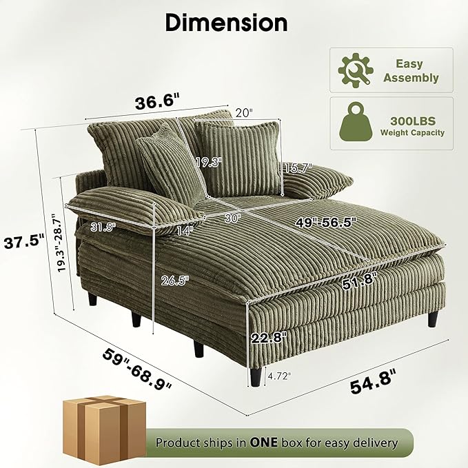 55" W Oversized Chaise Lounge Sofa Couch with 5-Position Adjustable Backrest, Corduroy Sleeper Chair Sofa Bed, Reading Chair ‌with Deep Seat, Cloud Couches for Living Room, Bedroom, Green
