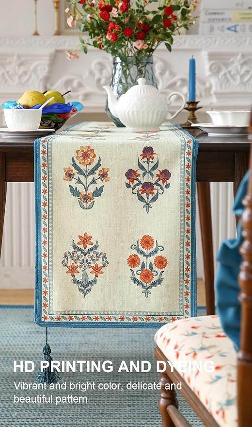 ISAENNE Designer Light Green Linen Extra Long Table Runner 118 Inches,French Floral Patterns Elegant Table Runner for Dining Tables,Thanksgiving,Kitchen Tables,Christmas,12"*118"-Floralsea B