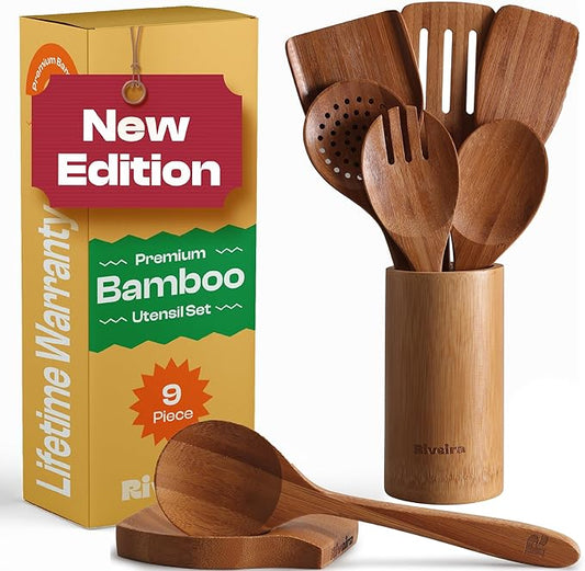 Riveira Natural Bamboo Wooden Cooking Utensils Set of 9 Premium Quality Non-Toxic Wooden Spoons and Spatulas for Cooking