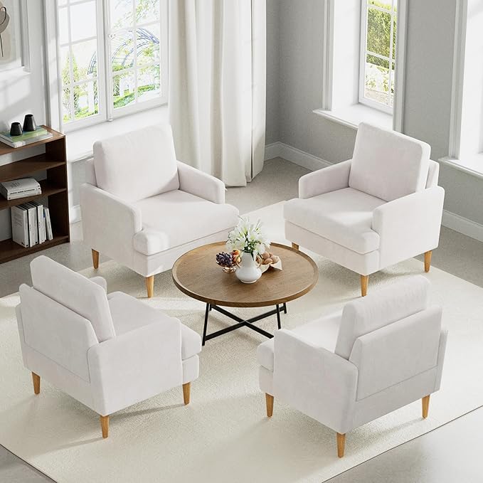 VKNOW Mid-Century Accent Chairs Set of 4, Modern Upholstered Chenille Armchair for Living Room,Comfy Reading Accent Chairs with Wood Legs for Bedroom, Beige