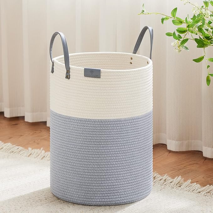 VIPOSCO Tall Laundry Basket, Large Dirty Clothes Hamper with Leather Handle, Woven Rope Storage Basket for Blanket, Toy In Living Room, Bathroom, Bedroom - 58L Grey & White