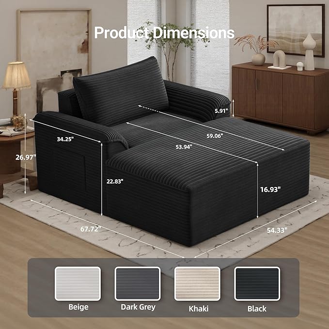 Claiks 68" Oversized Chaise Lounge Chair Indoor, Corduroy Upholstered Boneless Sofa Bed, Deep Seat Sleeper Couch with Pillows and Armrest, Cloud Sofas Reading Chair for Living Room, Black