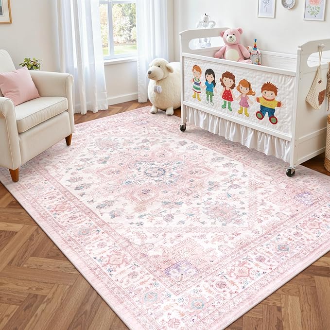 LIVEBOX Pink Washable Area Rug 5x7 - Large Vintage Tribal Living Room Non-Slip Indoor Carpet for Bedroom, Low-Pile Retro Print Distressed Accent for Nursery Dorm Home Decor