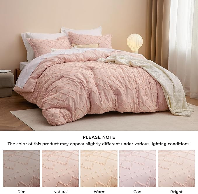 Bedsure Queen Comforter Set - Coral Pink Comforter, Boho Tufted Shabby Chic Bedding for Kids, 3 Pieces Vintage Farmhouse Bed Set for All Seasons, Fluffy Soft Bedding with 2 Pillow Shams