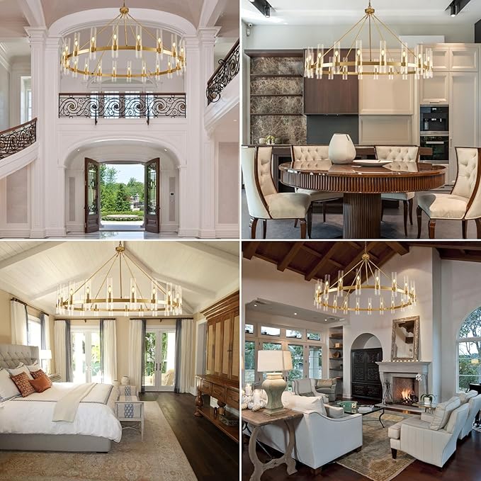 Gold Wagon Wheel Chandelier, 60 Inch Glass Chandeliers, 20 Light Chandelier for High Ceiling, Modern Farmhouse Chandeliers for Living Room, Dining Room, Entryway, Stairwell(Bulbs Included)