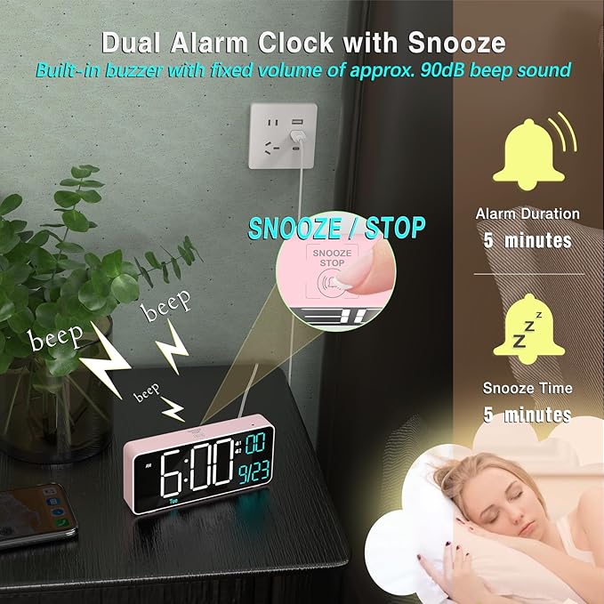 KOSUMOSU Alarm Clocks for Bedrooms, 6.7in Small Digital Clock, Auto Dimming, Room Temperature, Day of The Week, Date, Seconds, Digital Clocks for Living Room, Alarm Clock
