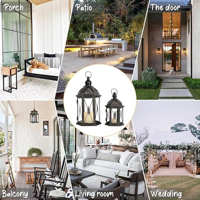 DECORKEY Large Lantern Decorative Outdoor & Indoor, Set of 2 (15’’&10’’) Metal Candle Lanterns Decor, Vintage Hanging Candle Holder for Front Porch Patio Wedding Farmhouse Home, Spring Decoration