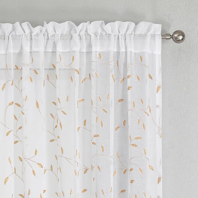 VISIONTEX White Sheer Voile Curtains, Decorative Orange Leaves Embroidery Faux Linen Rod Pocket Window Drapes for Home Kitchen, Living Room and Bedroom 54 x 84 Inch, Set of 2 Curtain Panels