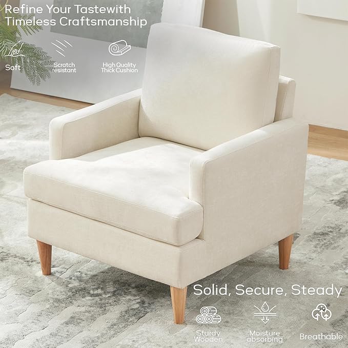 VKNOW Mid-Century Accent Chairs Set of 4, Modern Upholstered Chenille Armchair for Living Room,Comfy Reading Accent Chairs with Wood Legs for Bedroom, Beige
