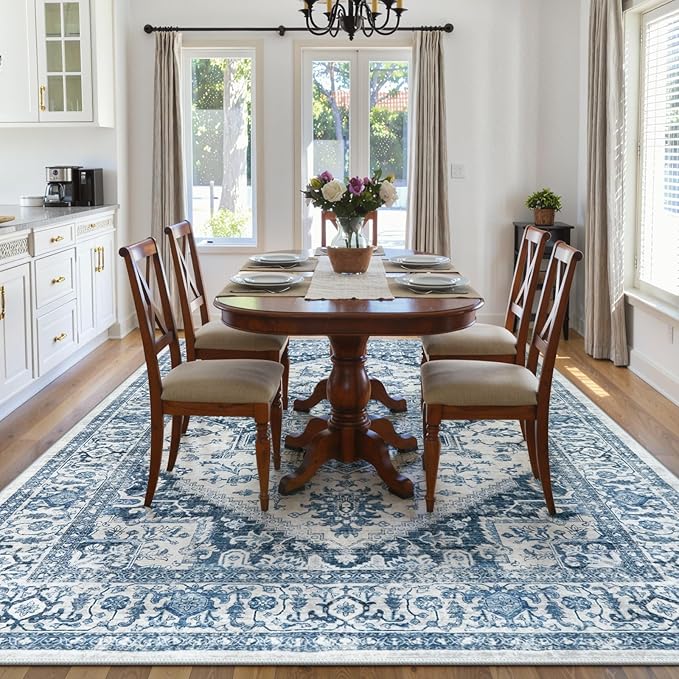 LIVEBOX Blue Washable Area Rug 8x10 - Large Vintage Tribal Living Room Rug Oriental for Bedroom, Non-Slip Retro Medallion Carpet Print Distressed for Dining Room Guest Office