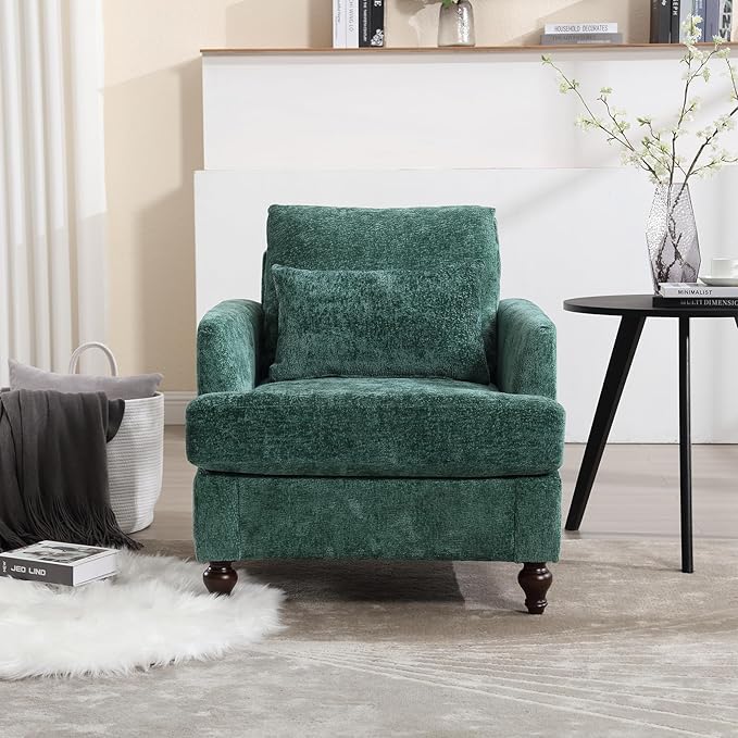 Furnilivng Mid-Century Modern Accent Chair, Comfortable Chenille Lounge Armchair, Upholstered Cozy Single Sofa Chair for Living Room, Bedroom, Reading Room, Home Office, Green