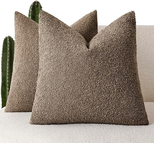 Foindtower Set of 2, Decorative Textured Boucle Throw Pillow Covers Accent Solid Pillow Cases Soft Cozy Couch Cushion Case for Chair Sofa Bedroom Living Room Home Decor 26x26 Inch Light Brown