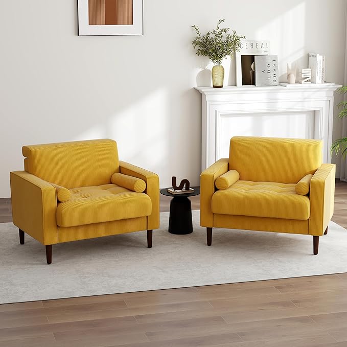 UIXE Corduroy Accent Chairs Set of 2, Modern Upholstered Living Room Arm Chair Comfy Bedroom Reading Armchair with Bolster Pillows, Mid-Century Track Armrest Tufted Single Sofa Seat (Yellow)