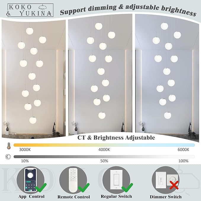 KoKo&Yukina 12-Light Nickel Mid Century Modern Chandelier for Living Room Staircase Chandelier for Entryway Globe Milky White Glass Pendant Light High Ceiling Chandeliers Foyer (Bulb & Remote Incl.)