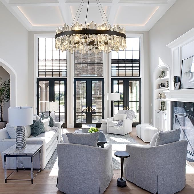 Round Crystal Chandeliers, D31.5 inch 16-Light Black Chandelier Lighting Fixture, Height Adjustable Pendant Ceiling Light for Living Room Dining Room Bedroom