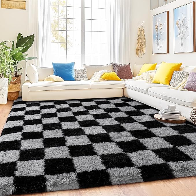 Checkered Rug for Living Room 8x10, Ultra Fluffy Fuzzy Shag Black and Grey Large Area Rug for Bedroom, Modern Plush Soft Upgrade Non-Slip Carpet for Kids Girls and Boys Room Dorm Home Decor