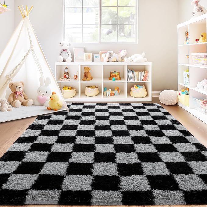 Checkered Rug for Living Room 8x10, Ultra Fluffy Fuzzy Shag Black and Grey Large Area Rug for Bedroom, Modern Plush Soft Upgrade Non-Slip Carpet for Kids Girls and Boys Room Dorm Home Decor
