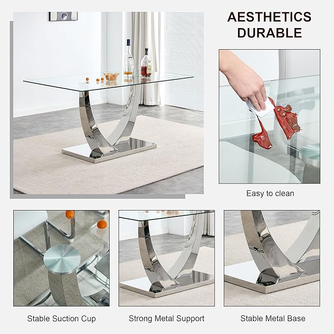 63” Glass Dining Table Set for 4,Modern Dining Room Table Set for 4, Kitchen Table and PU Leather Chairs, Dinner Table with Rectangle Tempered Glass Top and Chrome Silver Base