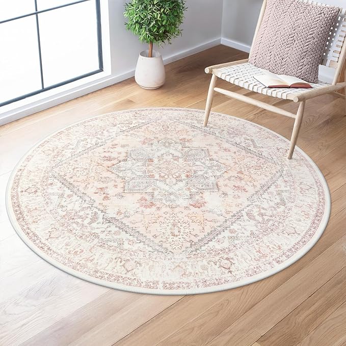 LIVEBOX Pink Round Rug 4ft - Machine Washable Circle Rug for Living Room, Non-Shedding Vintage Circular Carpet Bedroom, Low-Pile Floral Rugs Round for Girl's Room Entryway, Boho Rugs for Office