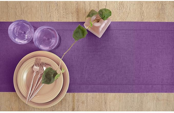 Solino Home Linen Purple Table Runner 36 Inches - Classic Hemstitch, 100% Pure Linen Coffee Table Runner 14 x 36 Inch Ideal for Dresser Tables - Fall, Autumn, Halloween, Thanksgiving, Holiday