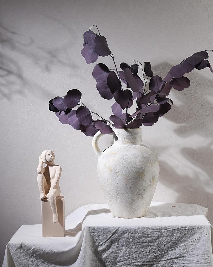 UPWOIGH 12x9.5 in Tall Vintage Handle Ceramic Vase, Antique White Pottery Vase Living Room Table Decor, Beige Speckles Distressed Black Markings Rustic Farmhouse Bedroom Decor, Ideal Gift 1Pack