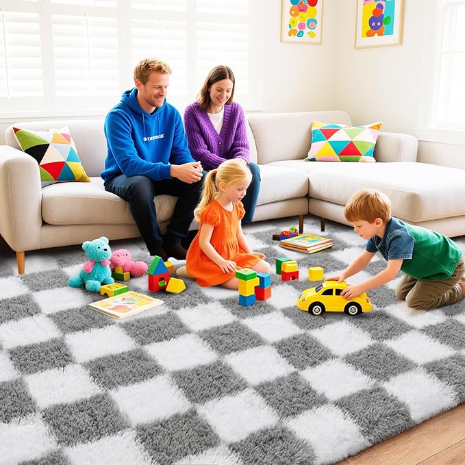 Checkered Rugs for Bedroom, White and Grey Ultra Fluffy Fuzzy Shag Area Rug for Living Room 5x7, Modern Plush Soft Upgrade Non-Slip Carpet for Kids Girls and Boys Room Dorm Nursery Home Decor
