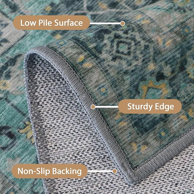 GENIMO 2x10 Runner Rugs for Hallway, Machine Washable Non Slip Vintage Rugs, Low Pile Lightweight Soft Print Rug for Enrtyway, Corridor, Home Office, Kitchen, Dark Green